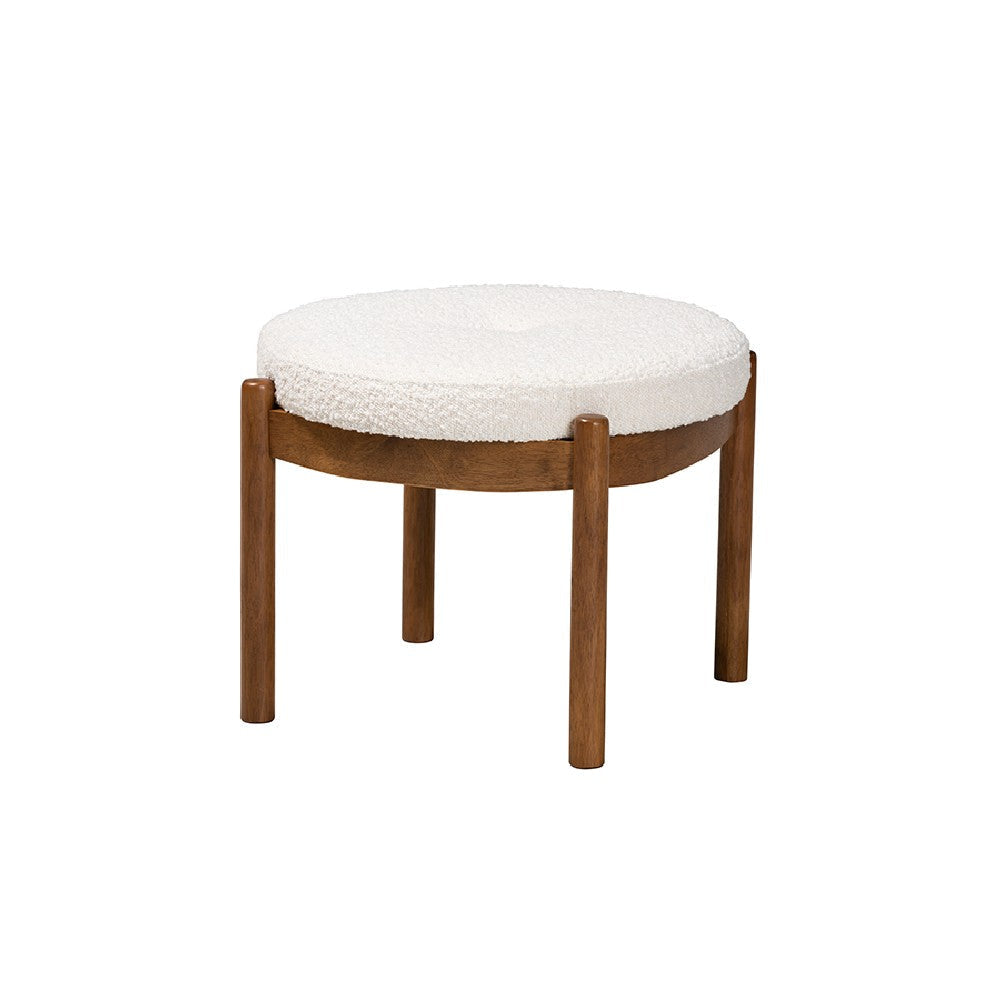 Baxton Studio Iliana Japandi Cream Boucle Fabric and Walnut Brown Finished Rubberwood Ottoman Footstool WHI-BBT5454-Maya-Cream-Walnut-Stool