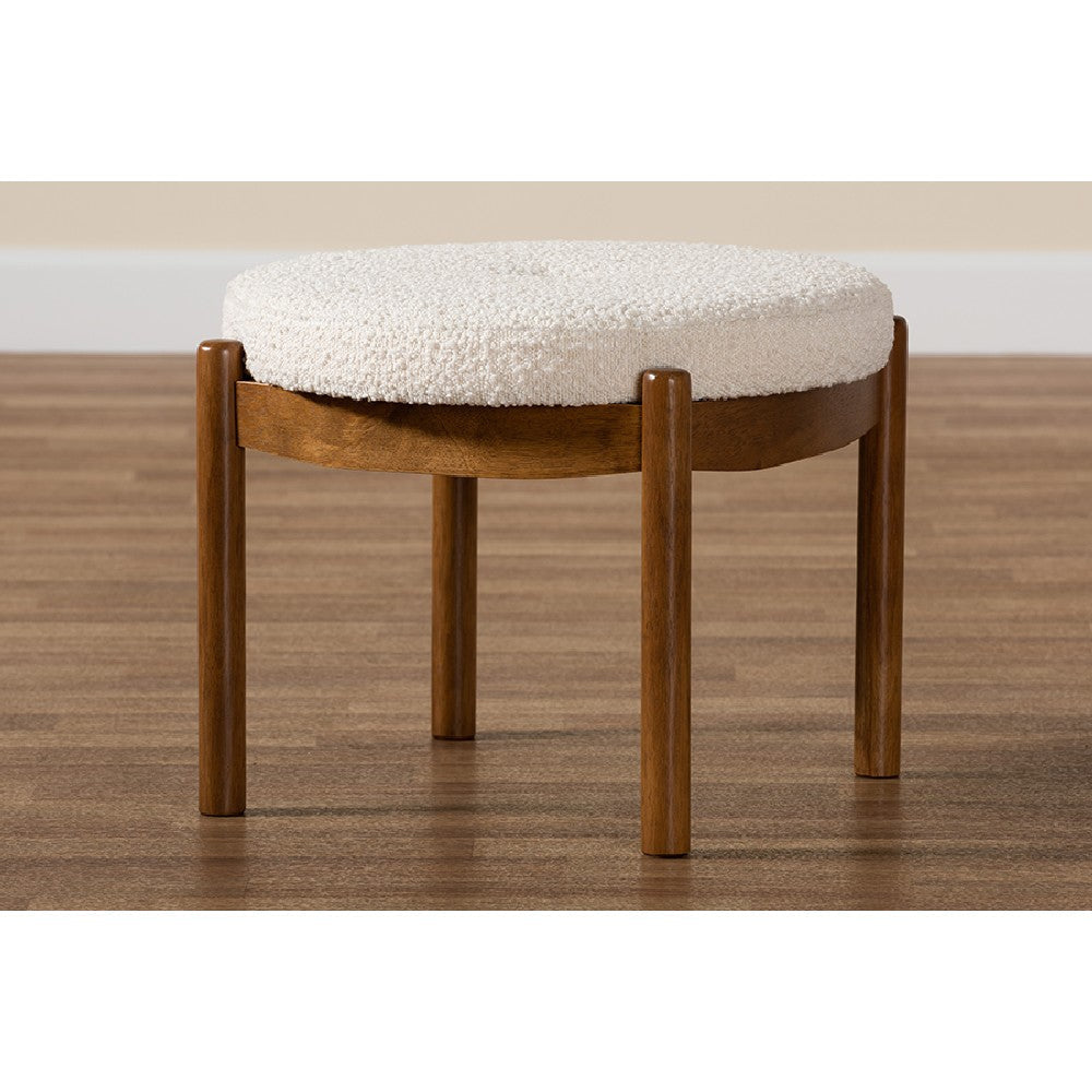 Baxton Studio Iliana Japandi Cream Boucle Fabric and Walnut Brown Finished Rubberwood Ottoman Footstool WHI-BBT5454-Maya-Cream-Walnut-Stool
