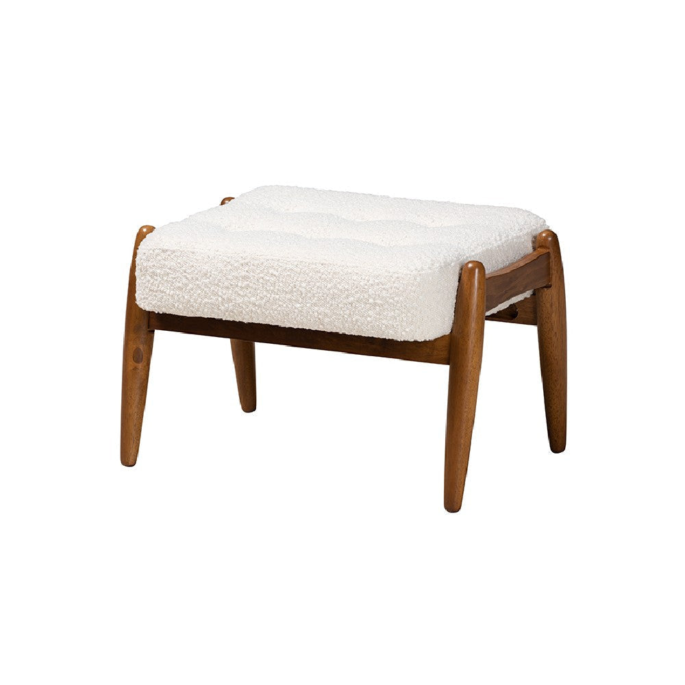 Baxton Studio Jeanine Japandi Cream Boucle Fabric and Walnut Brown Finished Rubberwood Ottoman Footstool WHI-BBT5455-Maya-Cream-Walnut-Stool
