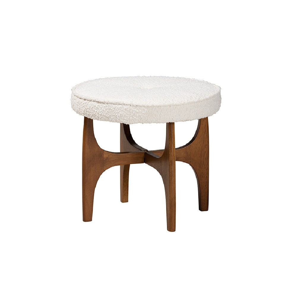 Baxton Studio Theo Japandi Cream Boucle Fabric and Walnut Brown Finished Rubberwood Ottoman Footstool WHI-BBT5456-Maya-Cream-Walnut-Stool