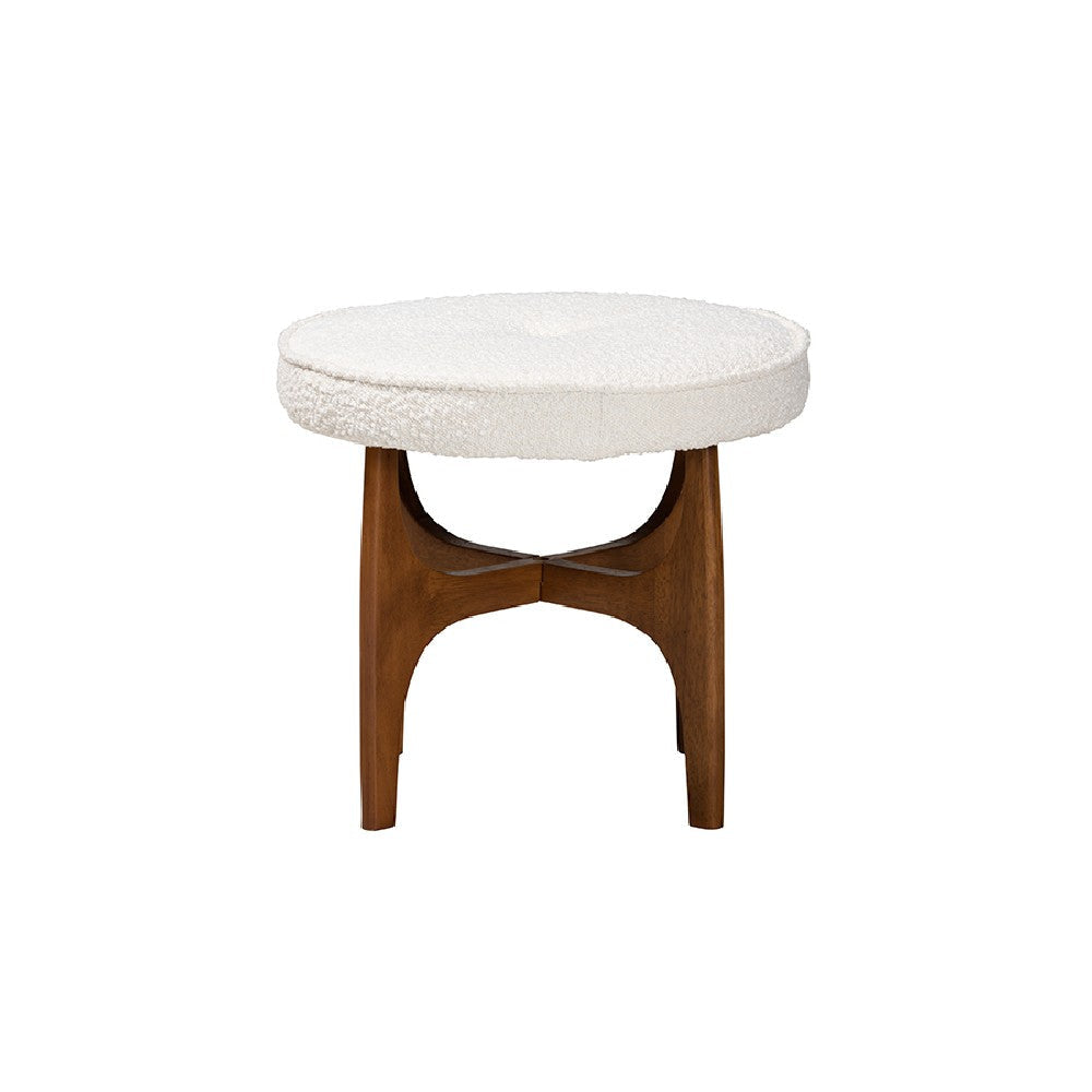 Baxton Studio Theo Japandi Cream Boucle Fabric and Walnut Brown Finished Rubberwood Ottoman Footstool WHI-BBT5456-Maya-Cream-Walnut-Stool