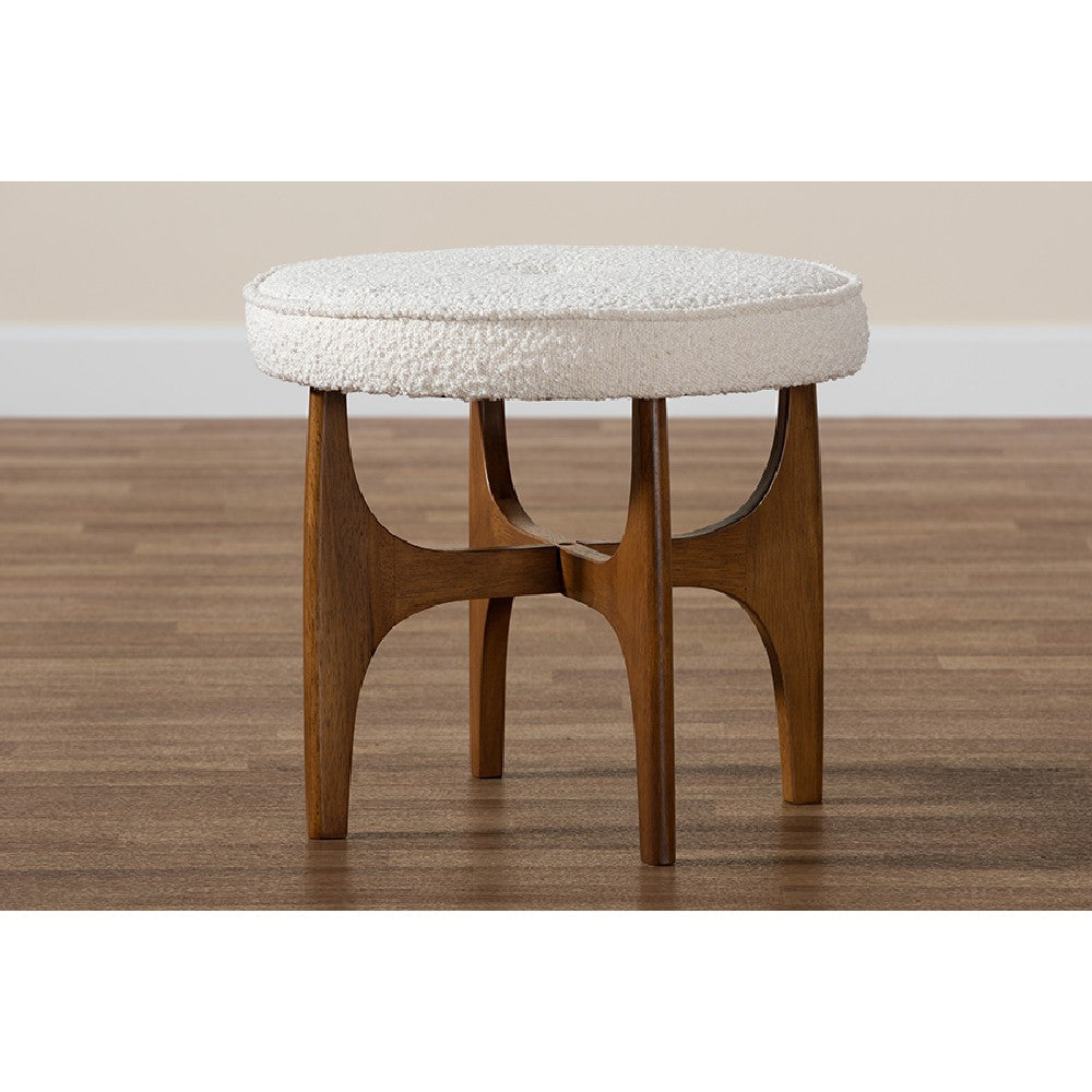 Baxton Studio Theo Japandi Cream Boucle Fabric and Walnut Brown Finished Rubberwood Ottoman Footstool WHI-BBT5456-Maya-Cream-Walnut-Stool