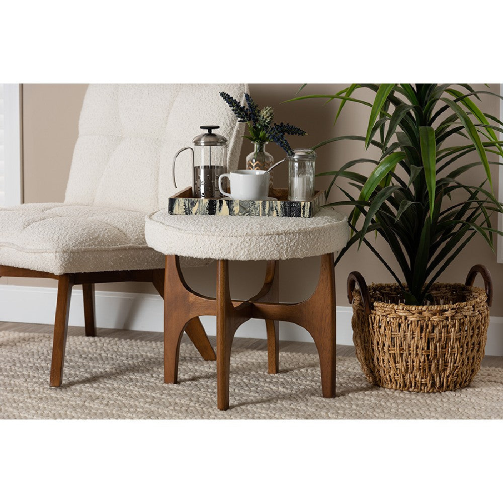 Baxton Studio Theo Japandi Cream Boucle Fabric and Walnut Brown Finished Rubberwood Ottoman Footstool WHI-BBT5456-Maya-Cream-Walnut-Stool