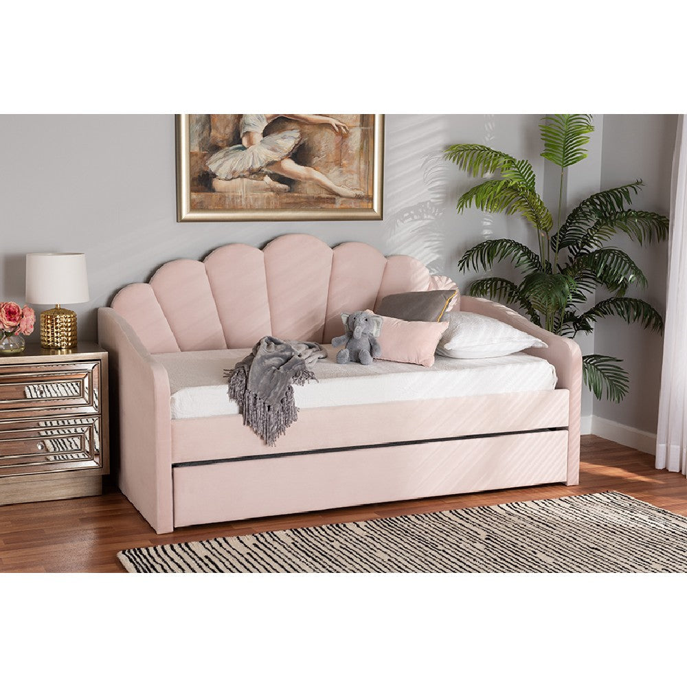 Baxton Studio Timila Modern and Contemporary Light Pink Velvet Fabric Upholstered Full Size Daybed with Trundle
