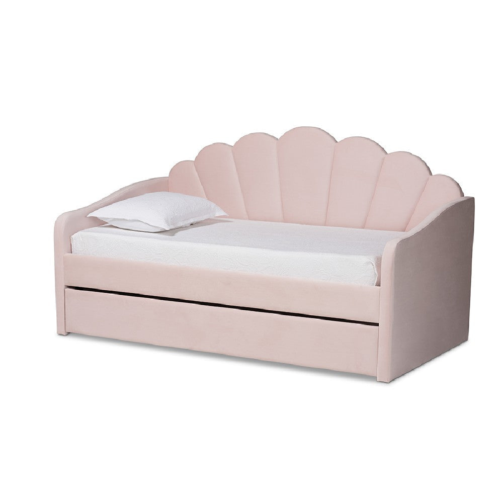 Baxton Studio Timila Modern and Contemporary Light Pink Velvet Fabric Upholstered Full Size Daybed with Trundle