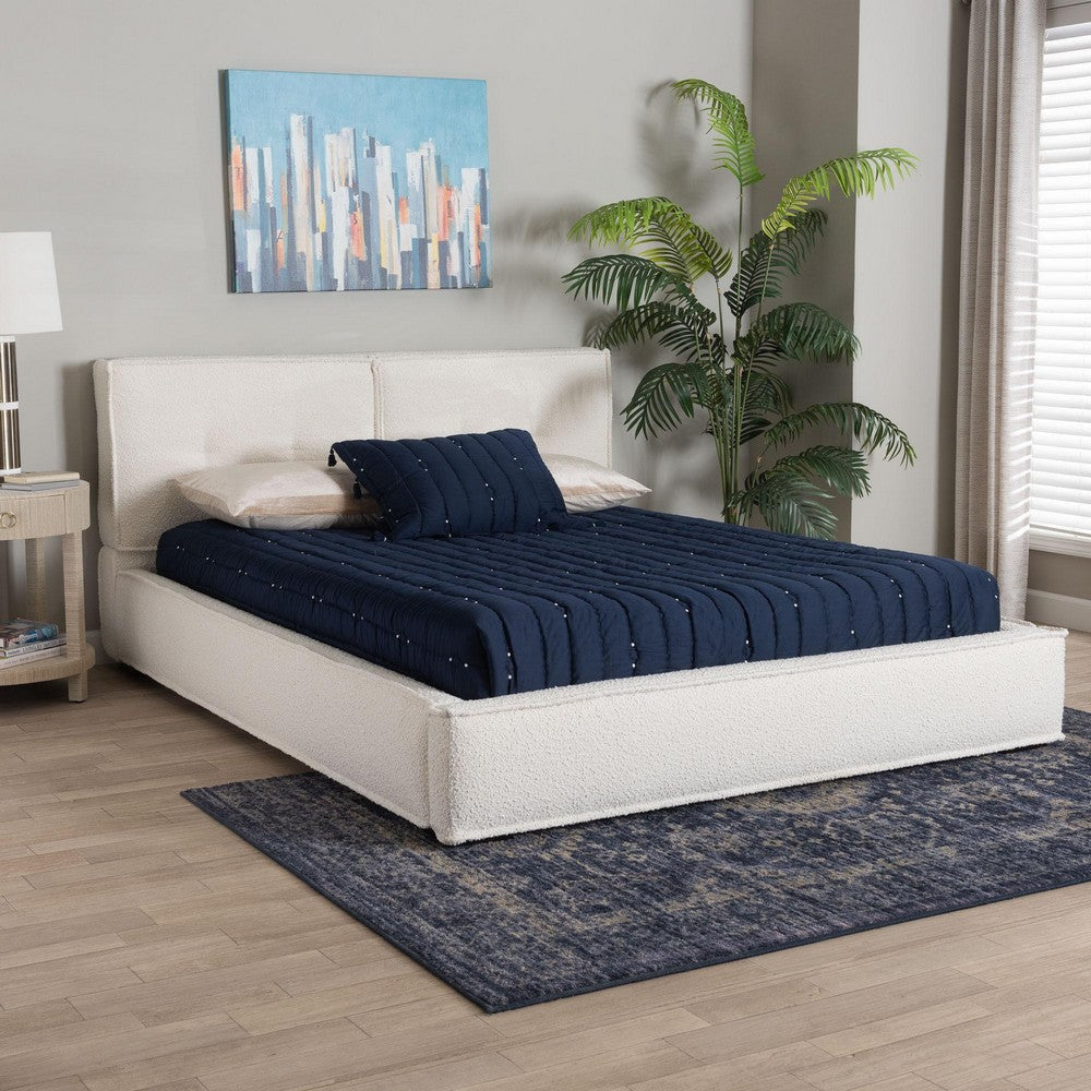 Baxton Studio Laverick Modern Cream Boucle Queen Platform Bed with Border Piping WHI-BBT61214-Cream-Queen