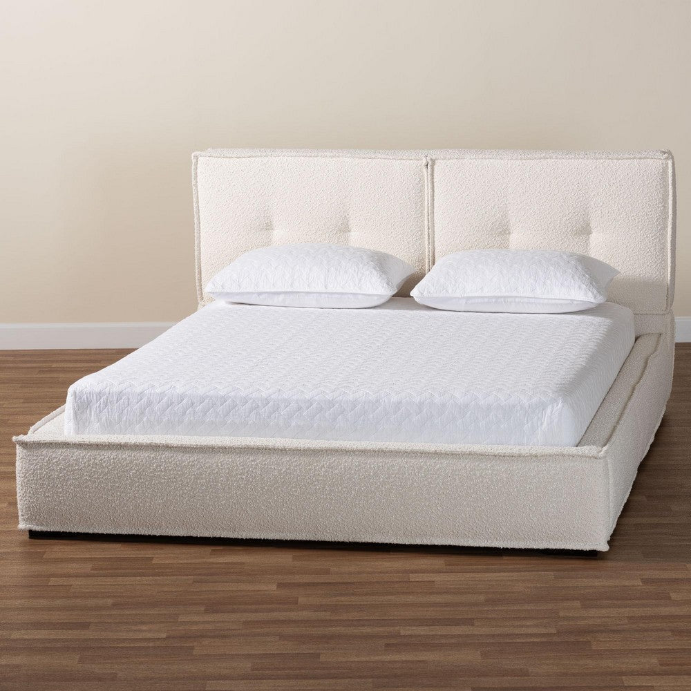 Baxton Studio Laverick Modern Cream Boucle Queen Platform Bed with Border Piping