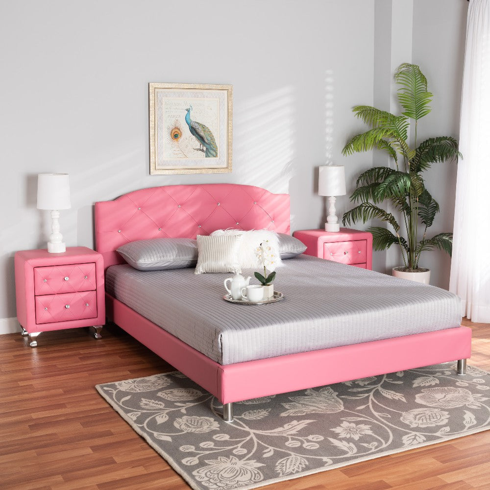Baxton Studio Canterbury Contemporary Glam Pink Faux Leather Upholstered Queen Size 3-Piece Bedroom Set