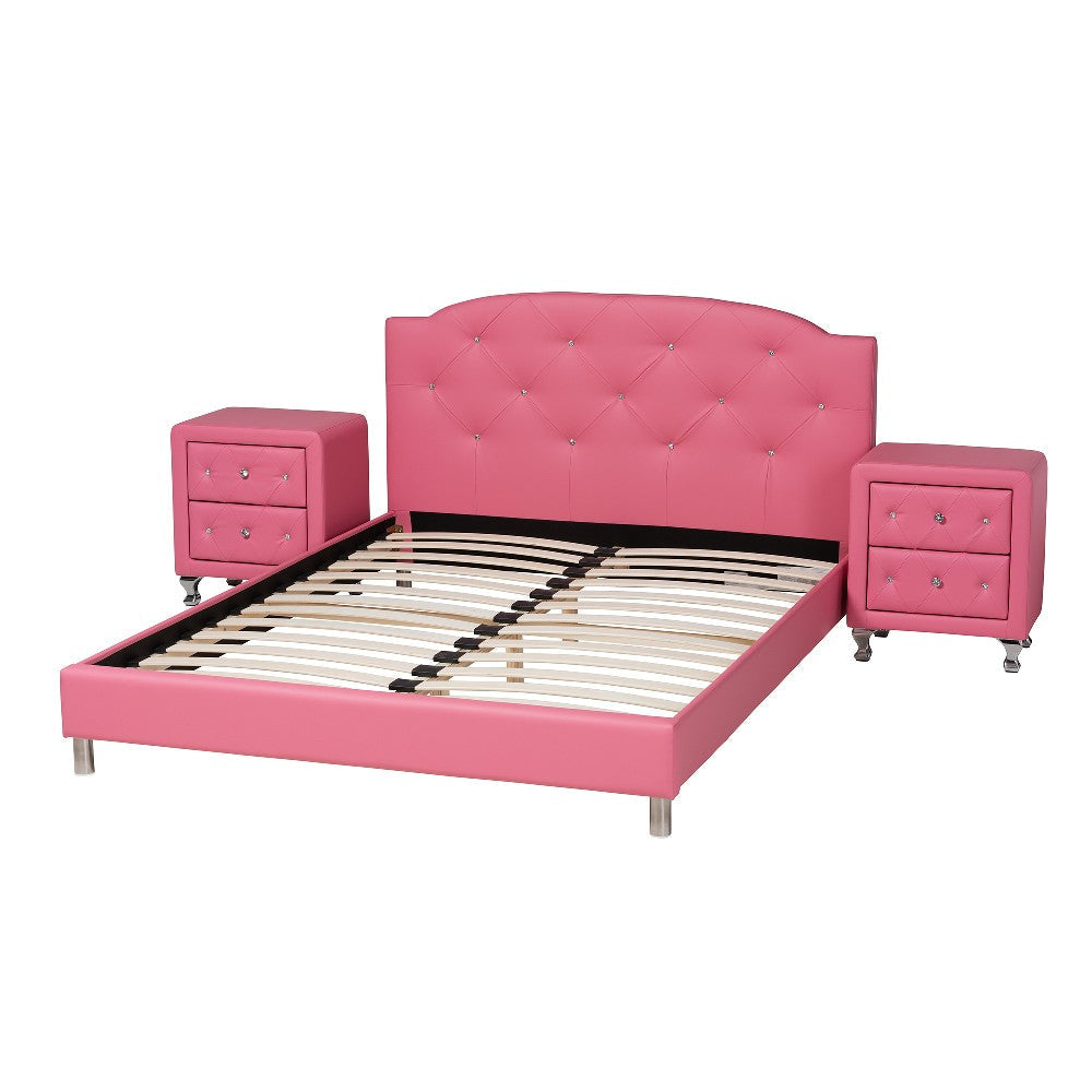Baxton Studio Canterbury Contemporary Glam Pink Faux Leather Upholstered Queen Size 3-Piece Bedroom Set