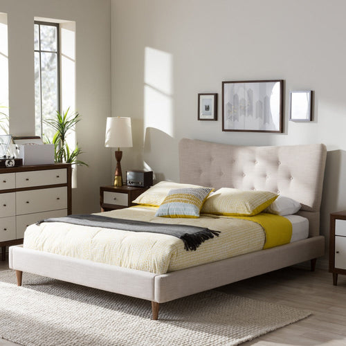 Baxton Studio Hannah Mid-Century Modern Beige Linen Queen Size Platform Bed