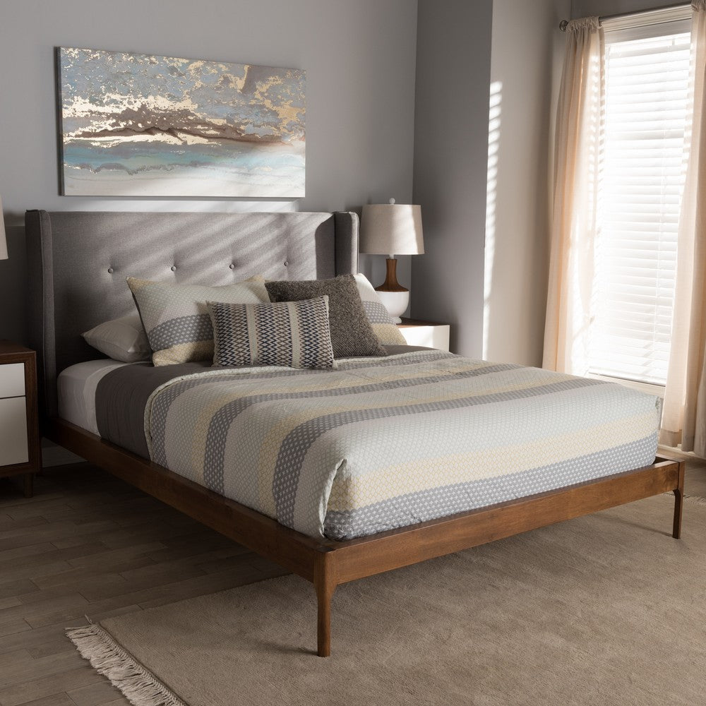 Baxton Studio Brooklyn Mid-Century Modern Walnut Wood Grey Fabric King Size Platform Bed WHI-BBT6653-Grey-King-XD45