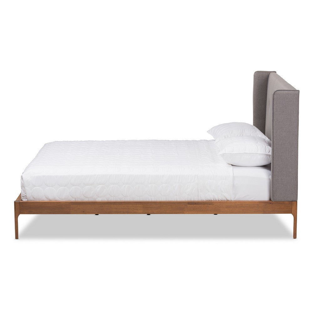 Baxton Studio Brooklyn Mid-Century Modern Walnut Wood Grey Fabric Queen Size Platform Bed WHI-BBT6653-Grey-Queen-XD45
