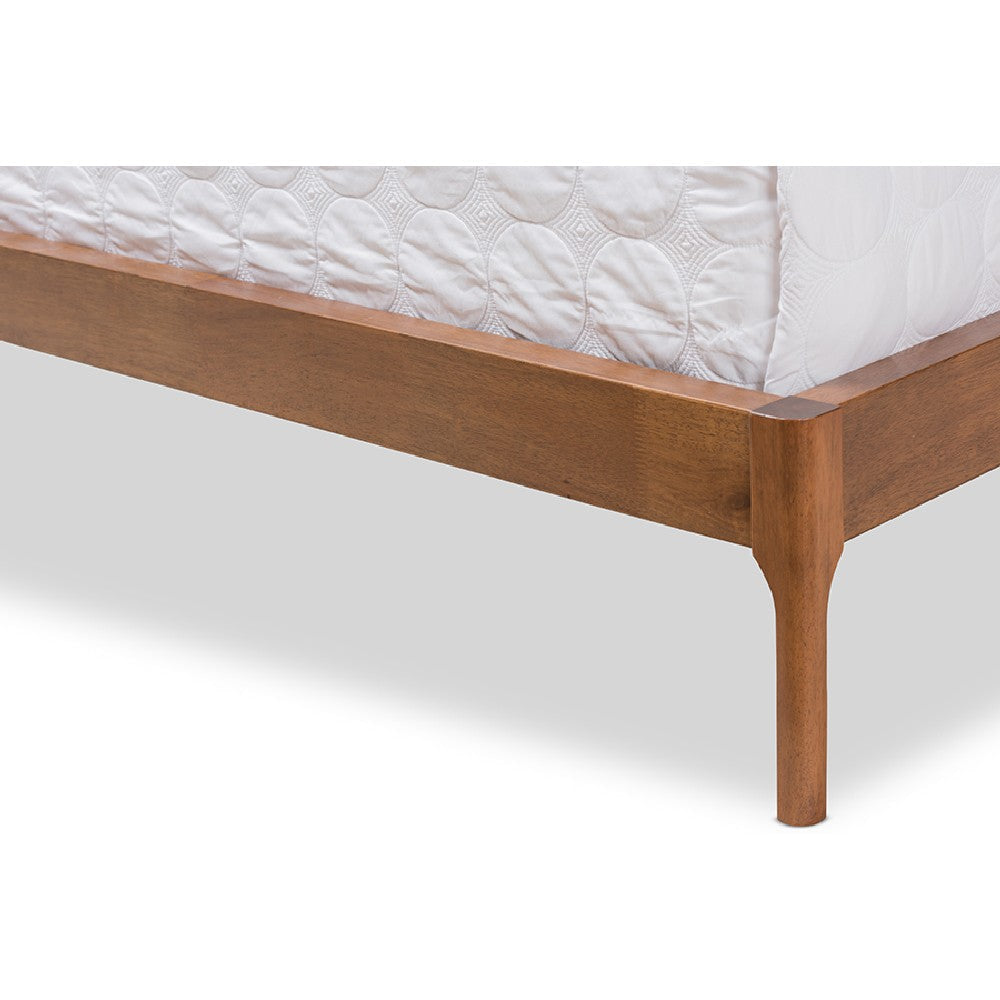Baxton Studio Brooklyn Mid-Century Modern Walnut Wood Beige Fabric Full Size Platform Bed