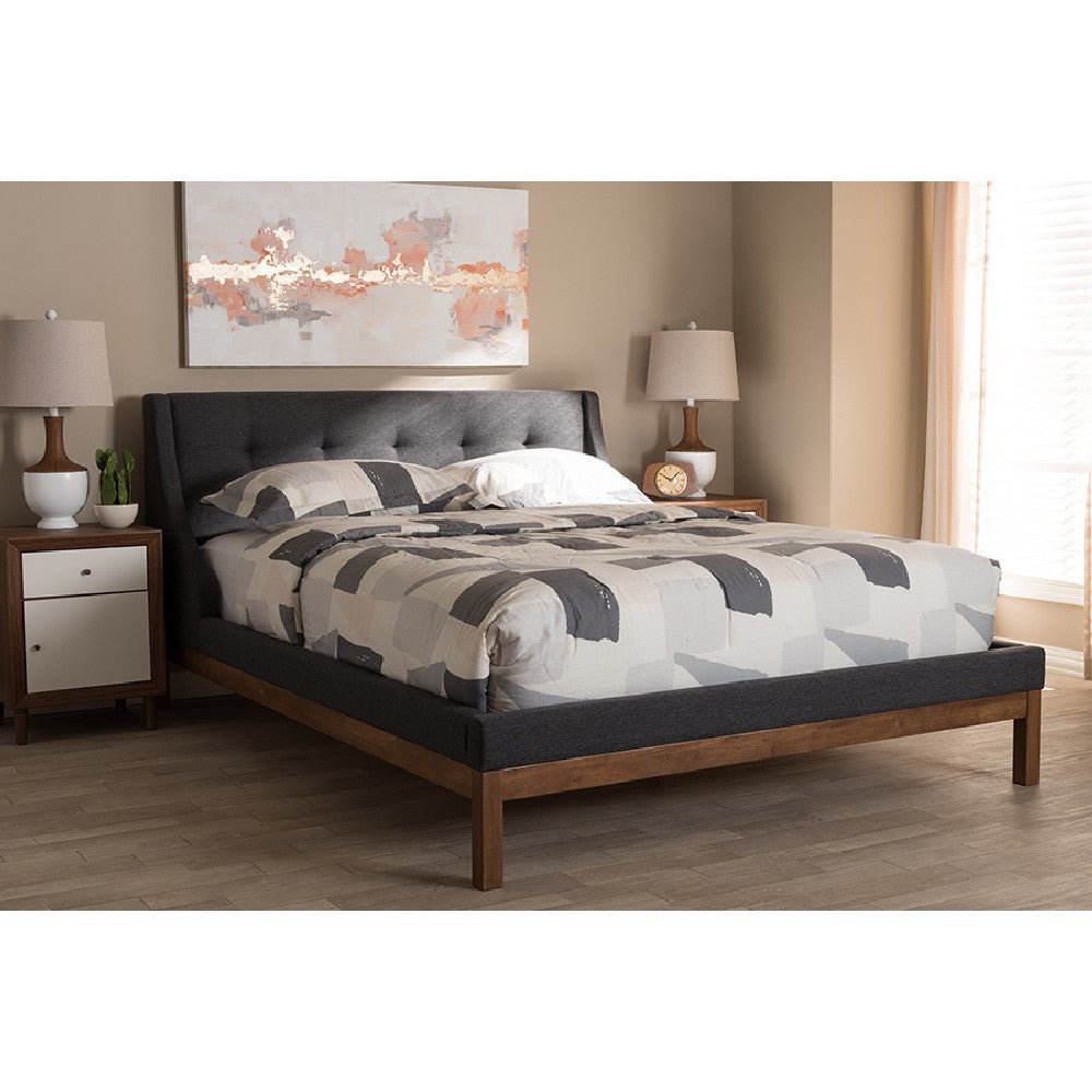 Baxton Studio Louvain Modern and Contemporary Dark Grey Fabric Upholstered Walnut-Finished Full Sized Platform Bed