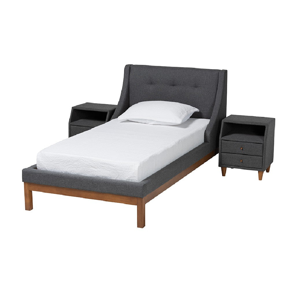 Baxton Studio Louvain Mid-Century Modern Transitional Dark Grey Fabric Upholstered Twin Size 3-Piece Bedroom Set