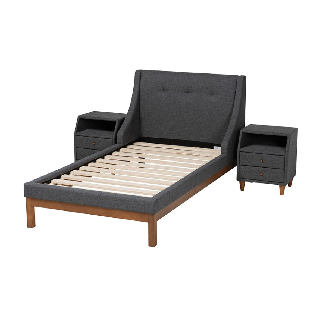 Baxton Studio Louvain Mid-Century Modern Transitional Dark Grey Fabric Upholstered Twin Size 3-Piece Bedroom Set