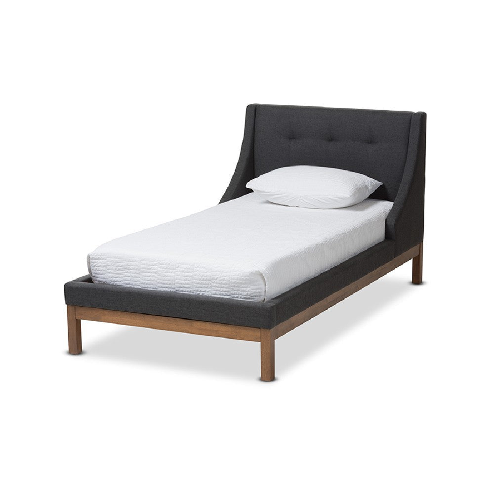 Baxton Studio Louvain Modern and Contemporary Dark Grey Fabric Upholstered Walnut-Finished Twin Sized Platform Bed