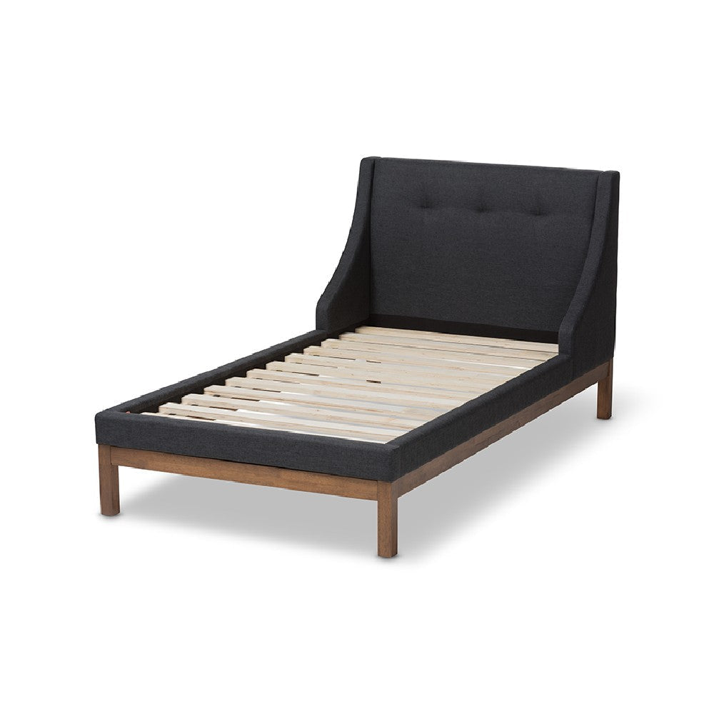Baxton Studio Louvain Modern and Contemporary Dark Grey Fabric Upholstered Walnut-Finished Twin Sized Platform Bed