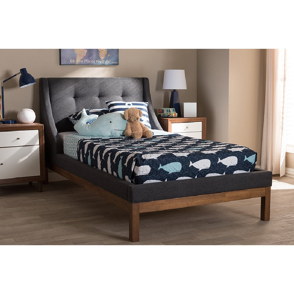 Baxton Studio Louvain Modern and Contemporary Dark Grey Fabric Upholstered Walnut-Finished Twin Sized Platform Bed