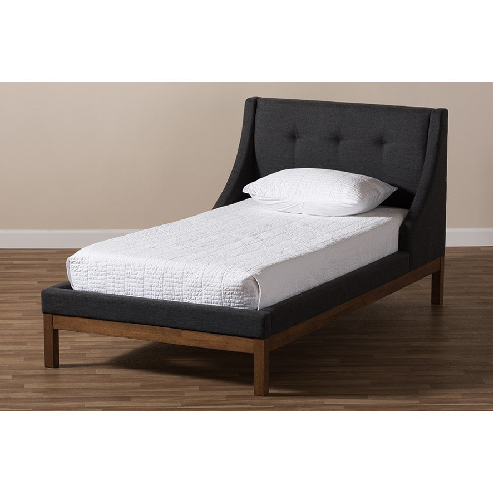 Baxton Studio Louvain Modern and Contemporary Dark Grey Fabric Upholstered Walnut-Finished Twin Sized Platform Bed
