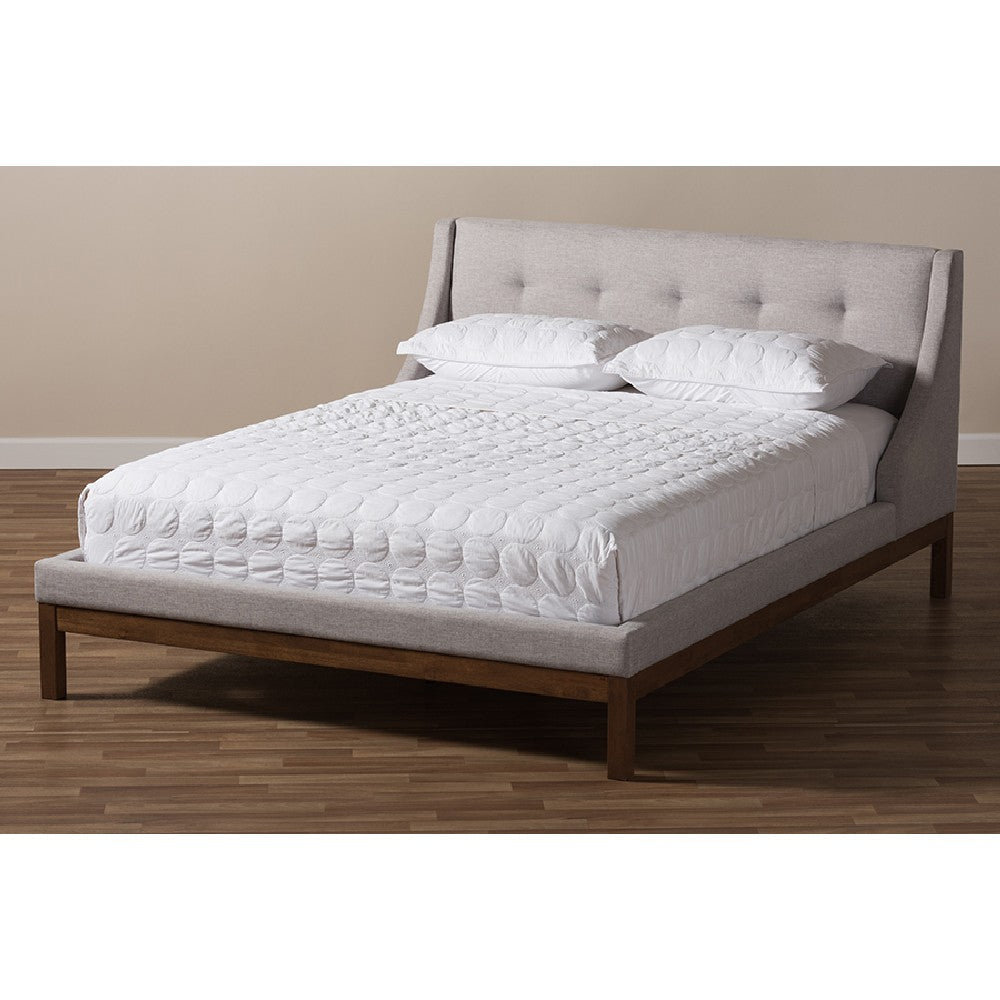 Baxton Studio Louvain Modern and Contemporary Greyish Beige Fabric Upholstered Walnut-Finished Full Sized Platform Bed