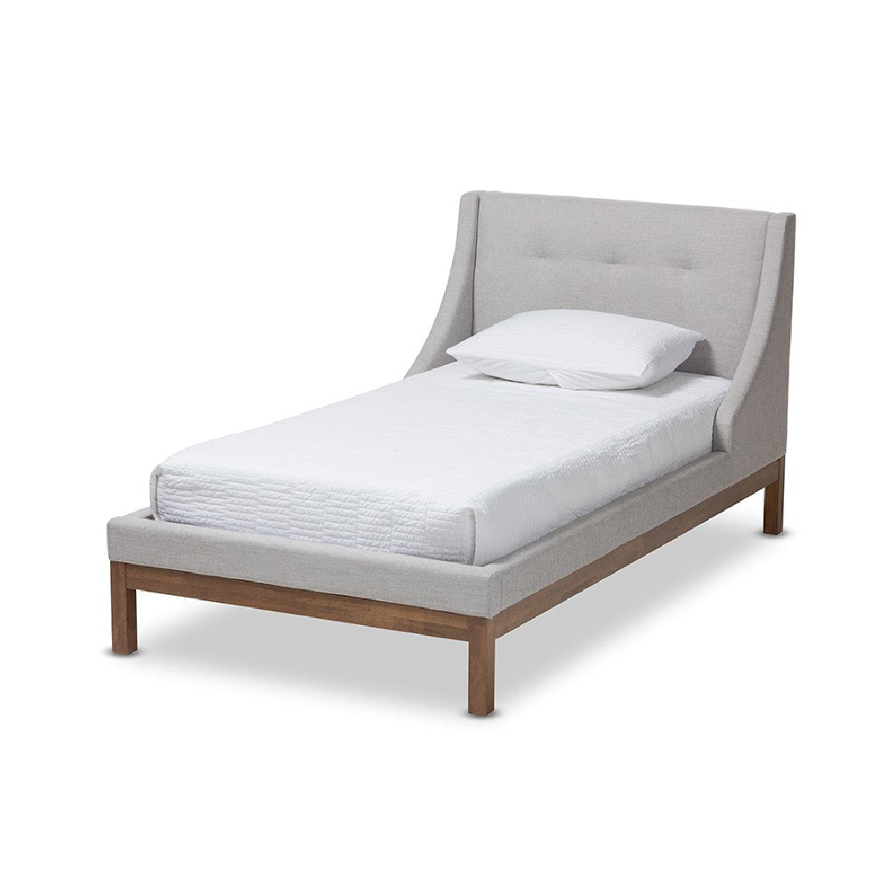 Baxton Studio Louvain Modern and Contemporary Greyish Beige Fabric Upholstered Walnut-Finished Twin Sized Platform Bed