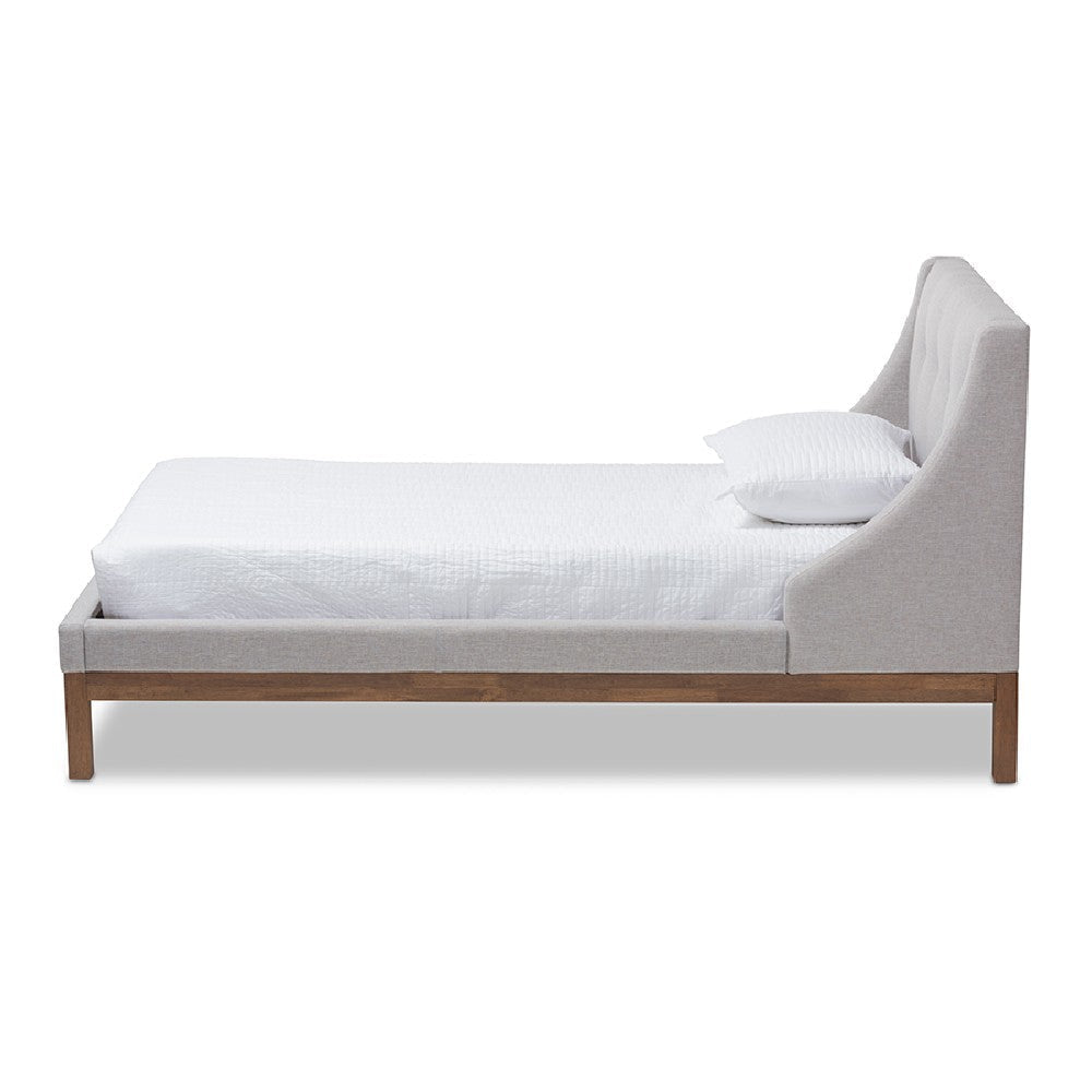 Baxton Studio Louvain Modern and Contemporary Greyish Beige Fabric Upholstered Walnut-Finished Twin Sized Platform Bed