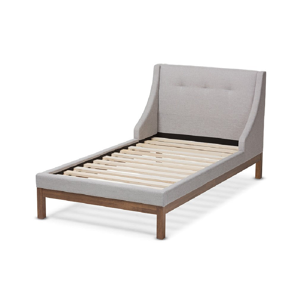 Baxton Studio Louvain Modern and Contemporary Greyish Beige Fabric Upholstered Walnut-Finished Twin Sized Platform Bed