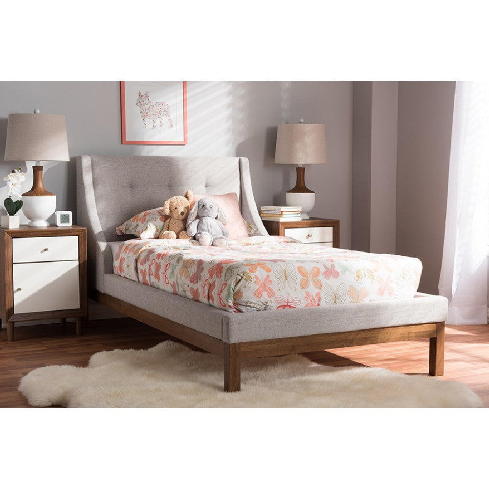 Baxton Studio Louvain Modern and Contemporary Greyish Beige Fabric Upholstered Walnut-Finished Twin Sized Platform Bed
