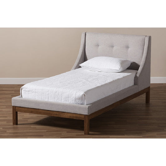 Baxton Studio Louvain Modern and Contemporary Greyish Beige Fabric Upholstered Walnut-Finished Twin Sized Platform Bed