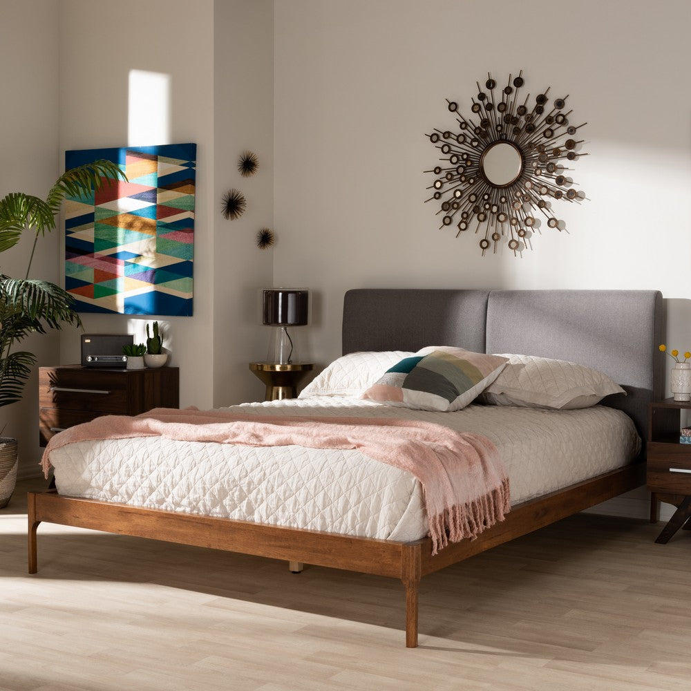 Baxton Studio Aveneil Mid-Century Modern Grey Fabric Upholstered Walnut Finished King Size Platform Bed WHI-BBT6723-Grey-King