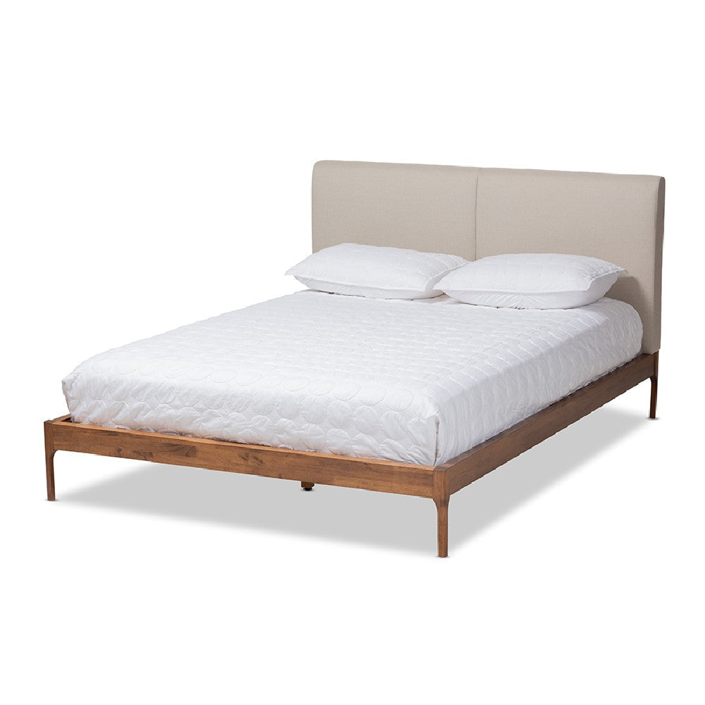 Baxton Studio Aveneil Mid-Century Modern Beige Fabric Upholstered Walnut Finished Full Size Platform Bed WHI-BBT6723-Light-Beige-Full