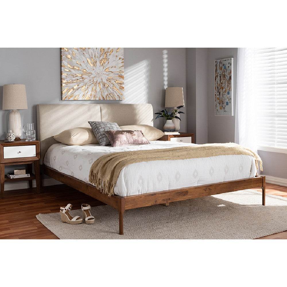 Baxton Studio Aveneil Mid-Century Modern Beige Fabric Upholstered Walnut Finished Full Size Platform Bed WHI-BBT6723-Light-Beige-Full