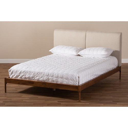 Baxton Studio Aveneil Mid-Century Modern Beige Fabric Upholstered Walnut Finished Full Size Platform Bed