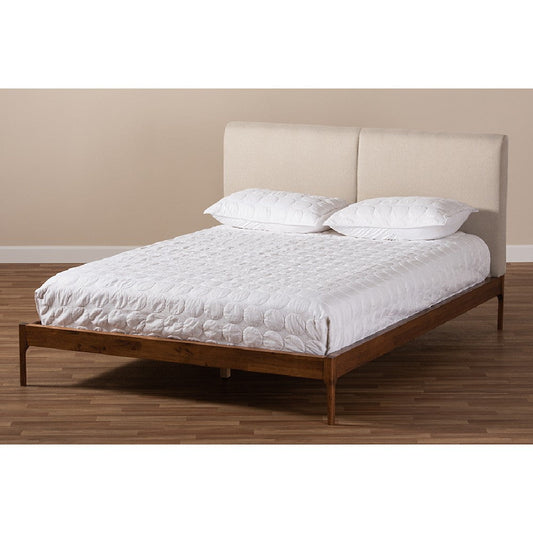Baxton Studio Aveneil Mid-Century Modern Beige Fabric Upholstered Walnut Finished Full Size Platform Bed