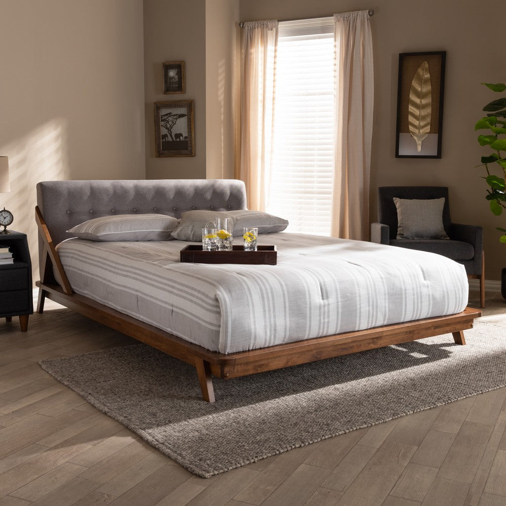Baxton Studio Sante Mid-Century Modern Grey Fabric Upholstered Wood King Size Platform Bed WHI-BBT6735-Grey-King
