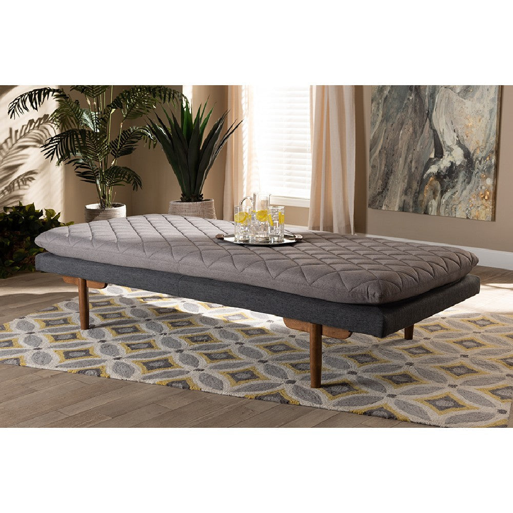 Baxton Studio Marit Mid-Century Modern Two-Tone Grey Fabric Upholstered Walnut Finished Wood Daybed WHI-BBT6812-Grey-Dark-Grey-Walnut-Daybed