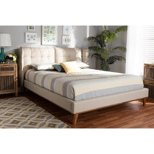 Baxton Studio Gretchen Modern and Contemporary Light Beige Fabric Upholstered and Walnut Brown Finished Wood Queen Size Platform Wingback Bed