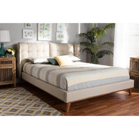 Baxton Studio Gretchen Modern and Contemporary Light Beige Fabric Upholstered and Walnut Brown Finished Wood Queen Size Platform Wingback Bed