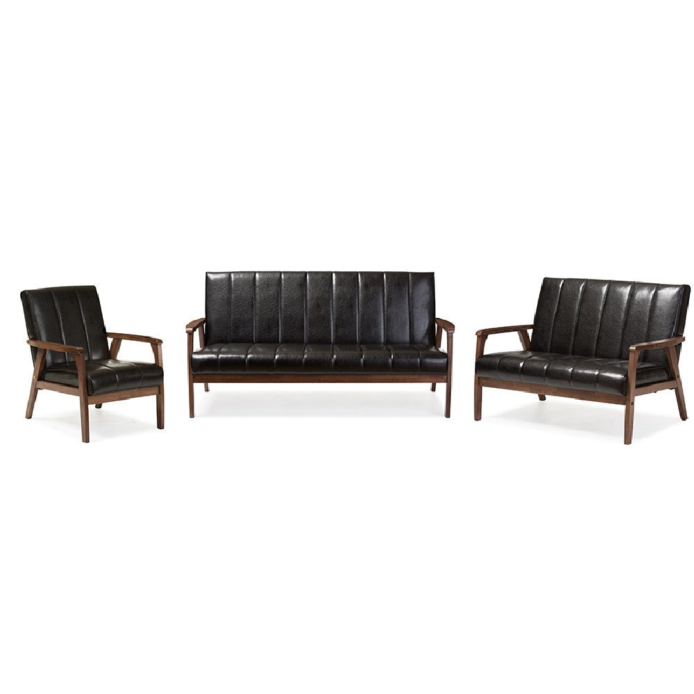 Baxton Studio Nikko Mid-century Modern Scandinavian Style Black Faux Leather 3 Pieces Living Room Sets