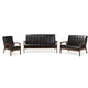 Baxton Studio Nikko Mid-century Modern Scandinavian Style Black Faux Leather 3 Pieces Living Room Sets