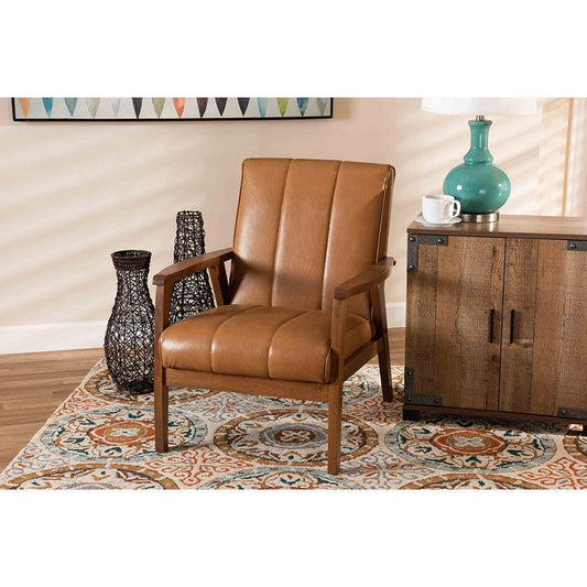 Baxton Studio Nikko Mid-century Modern Tan Faux Leather Upholstered and Walnut Brown finished Wood Lounge Chair