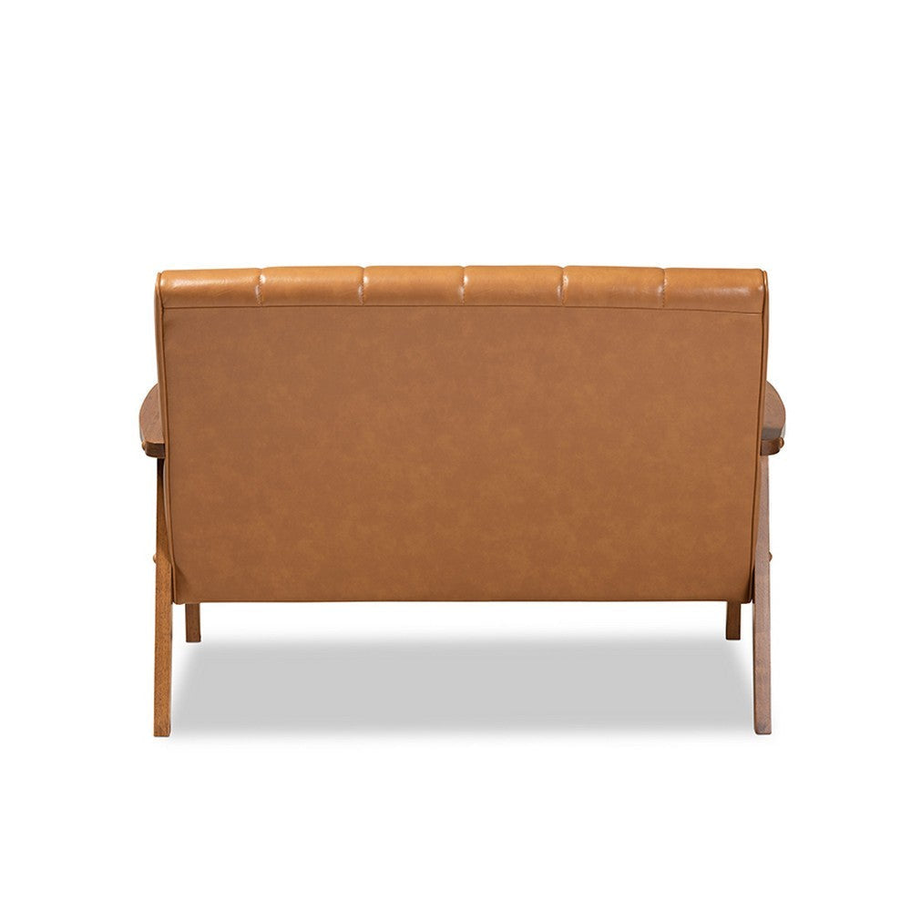 Baxton Studio Nikko Mid-century Modern Tan Faux Leather Upholstered and Walnut Brown finished Wood Loveseat