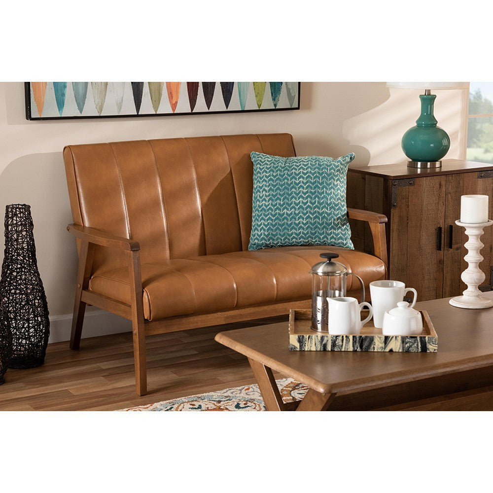 Baxton Studio Nikko Mid-century Modern Tan Faux Leather Upholstered and Walnut Brown finished Wood Loveseat