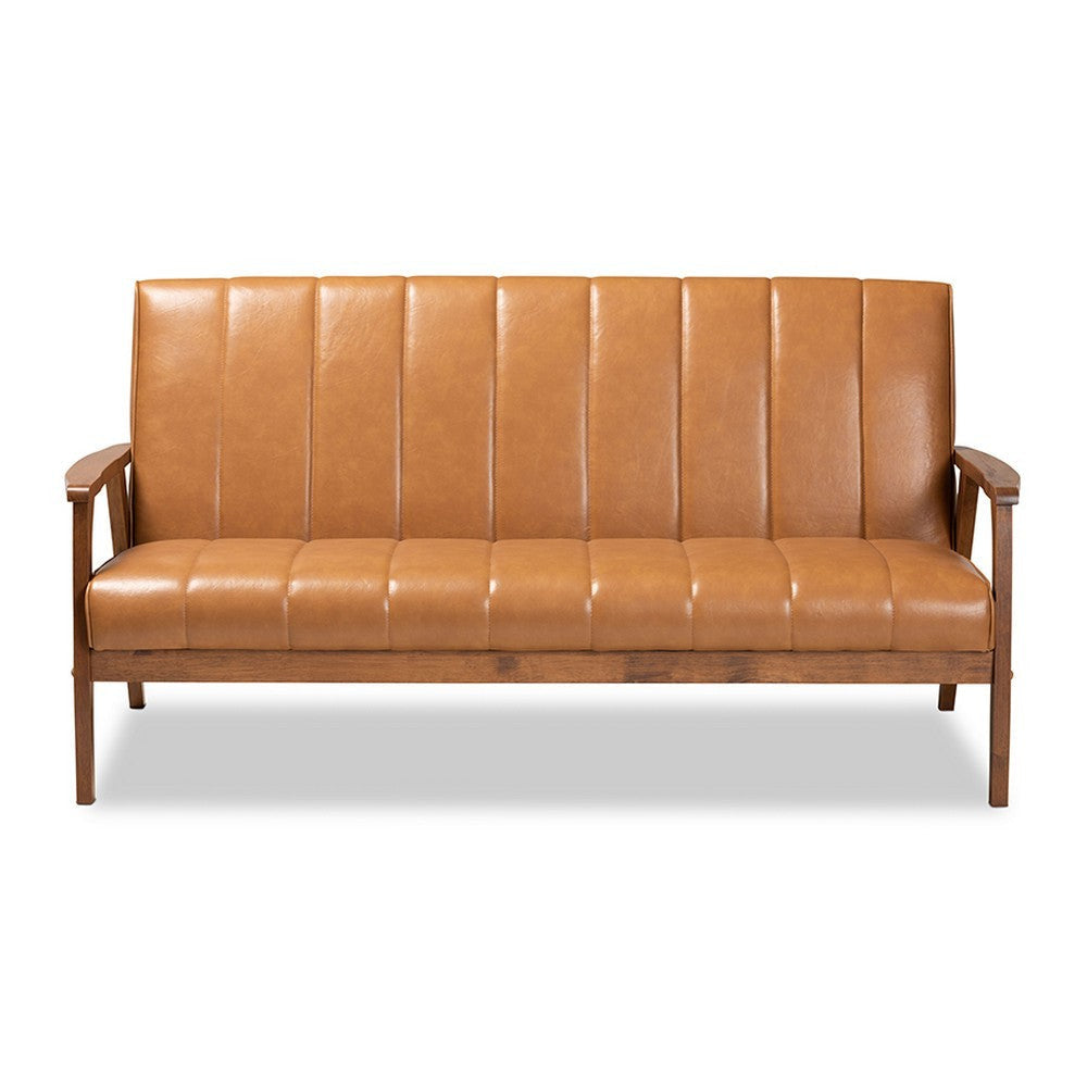 Baxton Studio Nikko Mid-century Modern Tan Faux Leather Upholstered and Walnut Brown finished Wood Sofa