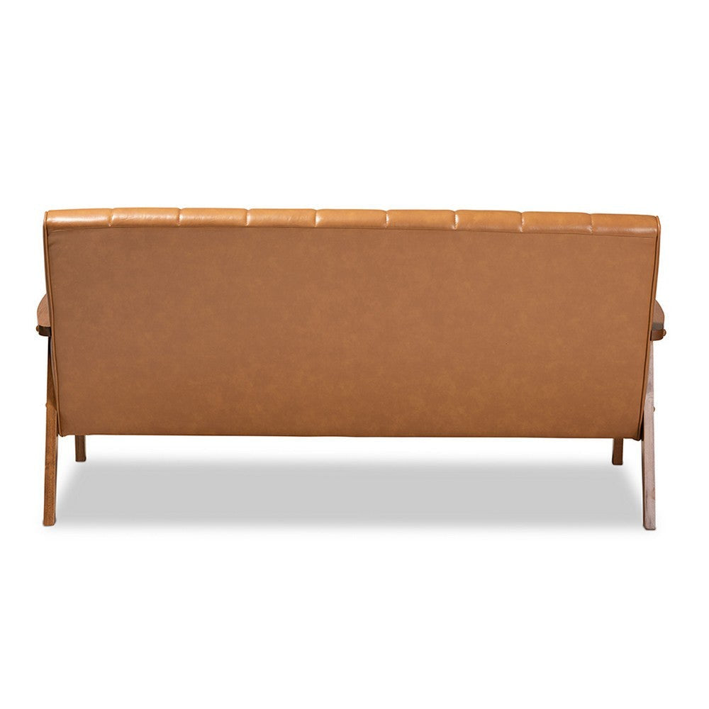 Baxton Studio Nikko Mid-century Modern Tan Faux Leather Upholstered and Walnut Brown finished Wood Sofa