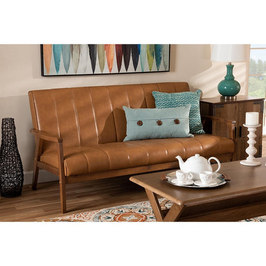 Baxton Studio Nikko Mid-century Modern Tan Faux Leather Upholstered and Walnut Brown finished Wood Sofa