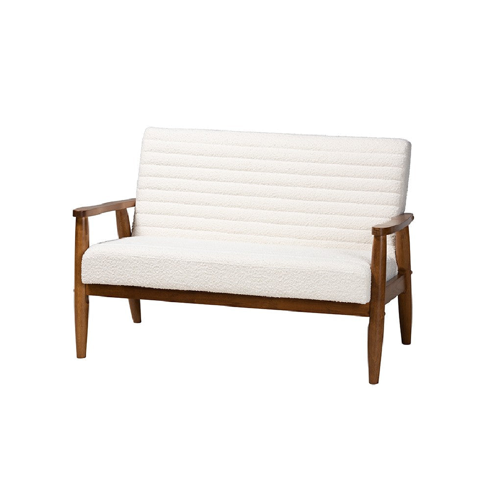 Baxton Studio Stratton Mid-Century Modern Cream Boucle Fabric and Walnut Brown Finished Wood Loveseat WHI-BBT8013-16-Maya-Cream-Walnut-LS
