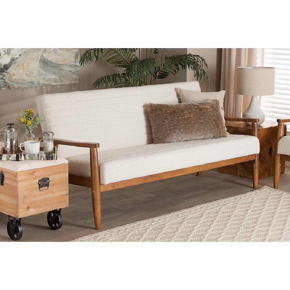 Baxton Studio Stratton Mid-Century Modern Cream Boucle Fabric and Walnut Brown Finished Wood Sofa WHI-BBT8013-16-Maya-Cream-Walnut-SF