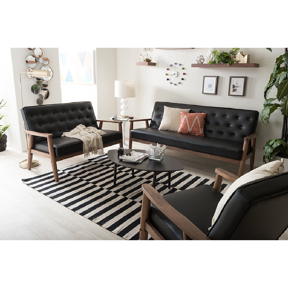 Baxton Studio Sorrento Mid-century Retro Modern Black Faux Leather Upholstered Wooden 3 Piece Living room Set